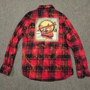 Angry Minnow Flannel Shirt Mens Medium Red Plaid Bleach Wash Graphic Patch